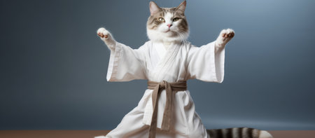 Funny cat in white kimono exercising yoga or Asian martial art.の素材