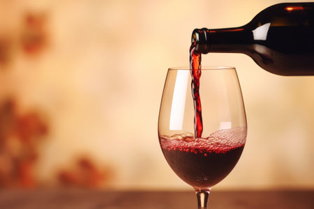Pouring red wine into glass from bottle. Blurred background.の素材