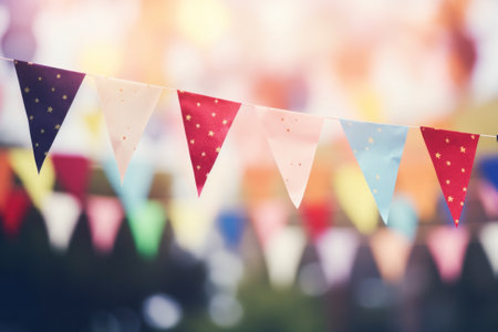 Blur background colorful triangular flags of decoration.の素材