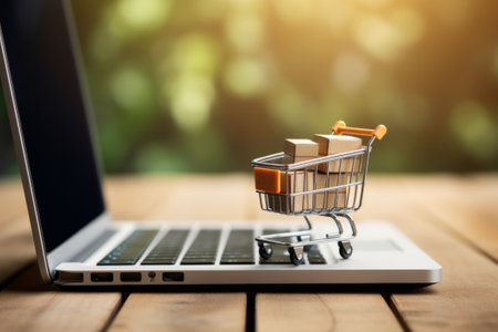 Online shopping concept with miniature shopping car and boxes near by the laptop.の素材
