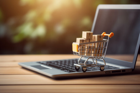 Online shopping concept with miniature shopping car and boxes near by the laptop.の素材