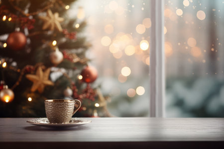 Table space in front of defocused windowsill with Christmas tree, balls, cup of tea and bokeh.の素材