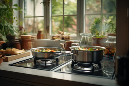 Two pans on the stove with food in the kitchen, cooking the dinner.の素材