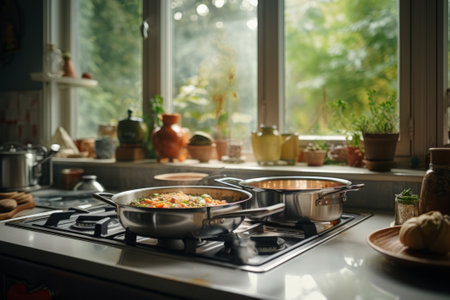 Two pans on the stove with food in the kitchen, cooking the dinner.の素材