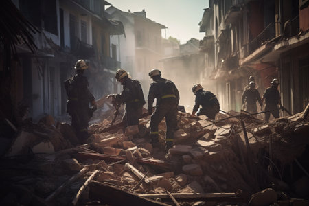 Search and rescue forces searching through destroyed towns and houses.の素材