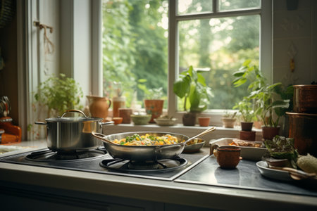 Two pans on the stove with food in the kitchen, cooking the dinner.の素材