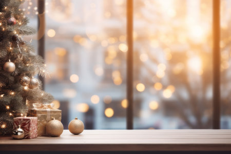 Table space in front of defocused windowsill with Christmas tree, balls and bokeh.の素材