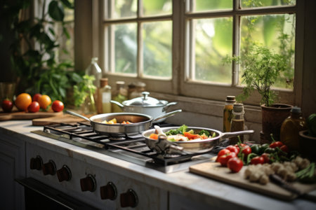 Two pans on the stove with food in the kitchen, cooking the dinner.の素材