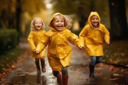 Happy smiling children in yellow raincoat and rubber boots walking on the street and having fun together.の素材