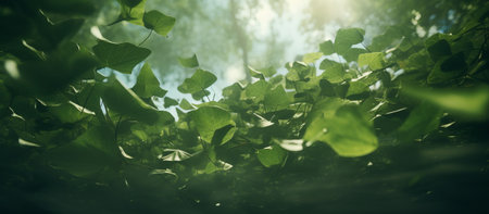 Green Floating Leaves. Banner with Flying Dancing Leafの素材