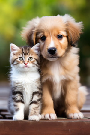 Cute little kitten cat and cute puppy dog together outdoor.の素材