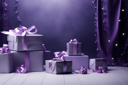 Studio lighting with copy space. Violet monotone background and the same color wrapped gift boxes.の素材