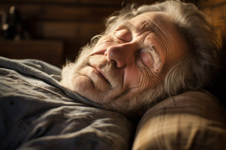 Old man, an elderly man, is lying on the sofa and dozing or having a nap with his eyes closed. Deep wrinkles and signs of aging on his face. Serenity and peaceの素材
