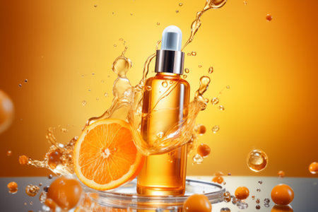 Cosmetic essence liquid, orange bubbles molecules, beauty product mock up.の素材