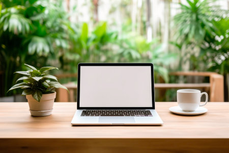 Wooden table with laptop white screen and a cup of coffee, tea. Green plants background.の素材