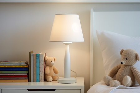 Children bedroom in bright light colors with a bookshelf and a teddy bear.の素材