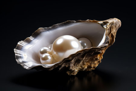 Open oyster with pearl isolated on dark background.の素材