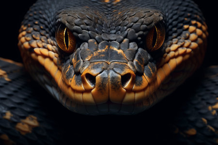Close-up of calm snake face isolated on dark background.の素材