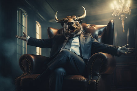 Bull like a human in suit sitting on the armchair. Trading stock market concept.の素材