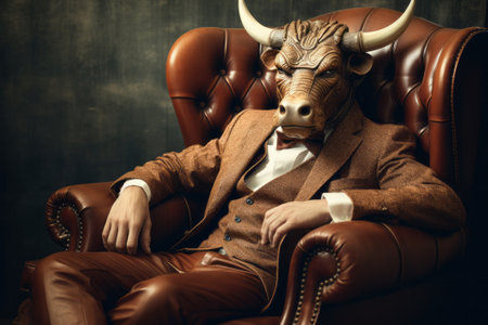 Bull like a human in suit sitting on the armchair. Trading stock market concept.の素材