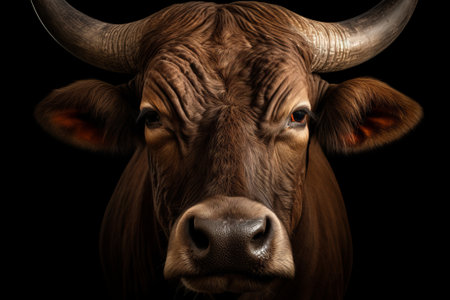 Close-up of calm bull muzzle isolated. Head front view.の素材