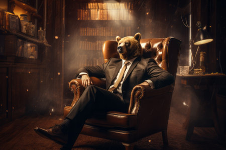 Bear like a human in suit sitting on the armchair. Trading stock market concept.の素材