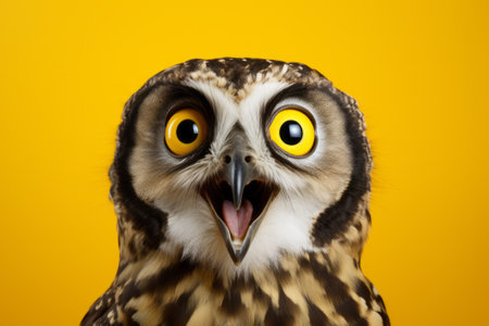 Surprised owl isolated on yellow background. Season of discounts and sales.の素材