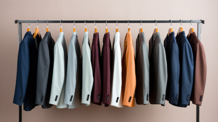 Colorful clothes hanging in row. Many suits for autumn or fall or winter season. Bannerの素材