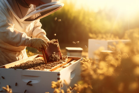 Beekeeper is working with bees in apiary.の素材