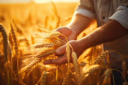 Hands of unrecognized farmer touching picked crop of wheat.の素材