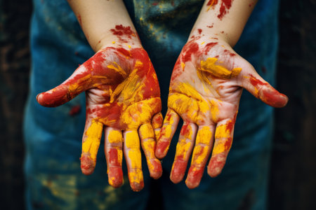 Child hands are smeared by colorful paints. Generative AI.の素材