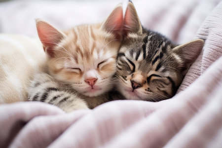 Top view of two small striped domestic kittens hugging and sleeping in the plaid. Generative AIの素材