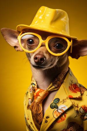 Cool looking Chihuahua dog wearing funky fashion and sunglasses.の素材