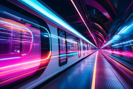 Fast underground subway train racing through the tunnels. Neon pink and blue light.の素材