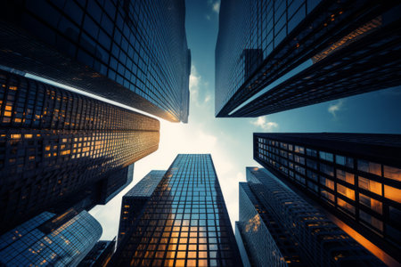 View from the bottom of modern business skyscrapersの素材