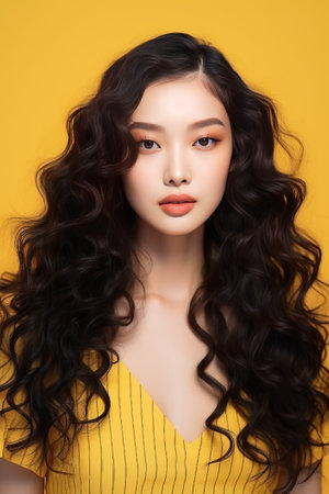 Close-up portrait of young asian beauty woman with curly hair.の素材