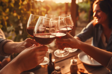 Close-up of hands with glasses of red wine. People enjoying the time together outdoor on terrace.の素材