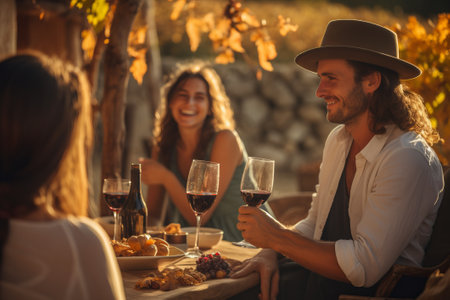 Close-up of hands with glasses of red wine. People enjoying the time together outdoor on terrace.の素材