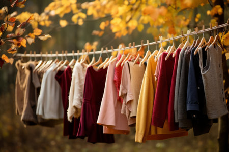 Clothes hanging in row. Many clothes for autumn or fall season. ?lothespinの素材