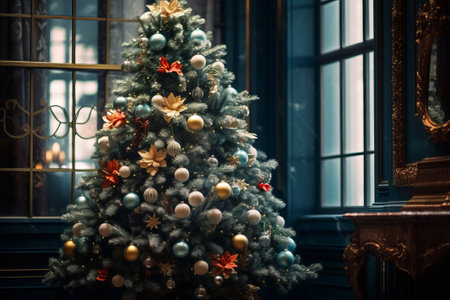 Christmas tree with balls and decorations close-up.の素材