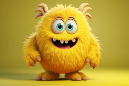 Cute yellow furry monster 3D cartoon character.の素材