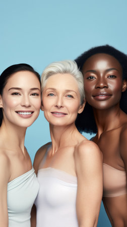 Skincare campaign group portrait with mature attractive women. Ethnical diversity.の素材