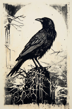 Black raven, engraving, black and white drawing.の素材