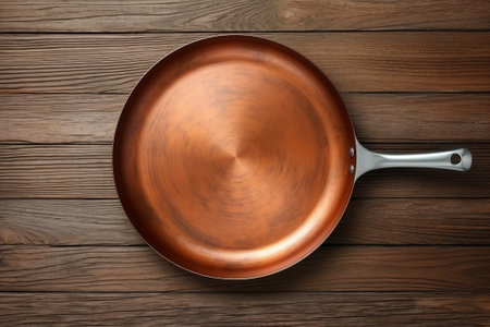 Empty copper frying pan on the kitchen. Top view.の素材