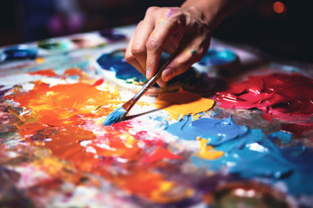 Close-up of painter hand mixing colors with the brush and palette.の素材