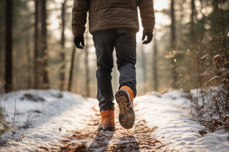 Back view of a man walking in a winter forest. Close up of legs.の素材