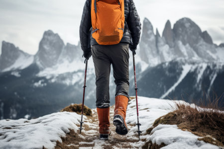 Close-up of male legs. Back view of man hiking alone in the snow mountains.の素材