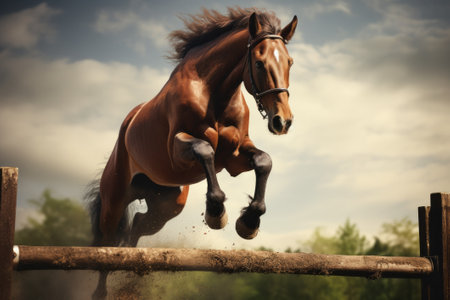 Brown horse jumping over a barrier.の素材