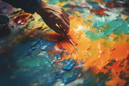 Close-up of painter hand mixing colors with the brush and palette.の素材