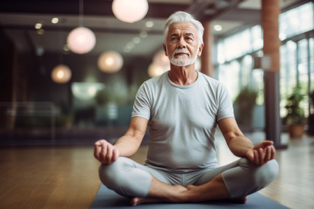 Joyful Senior old man practicing yoga at gym healthy class.の素材